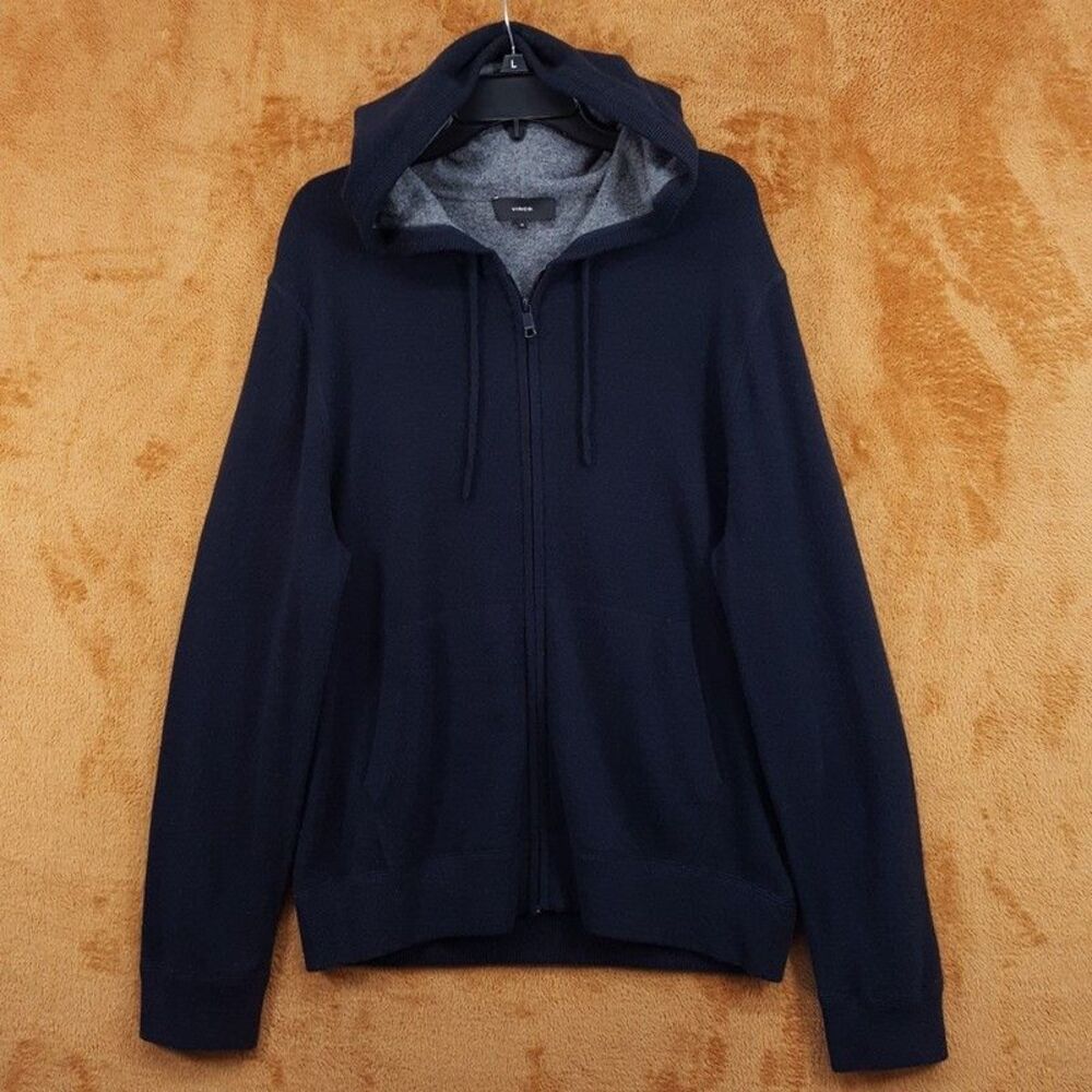 VINCE Sweater Mens XL Navy Zip Up 100% Cashmere Hoodie Gray Trim $545